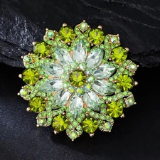 Vintage Green Crystal Flower Brooch Pin Gold Rhinestone Statement Jewelry Gift picture