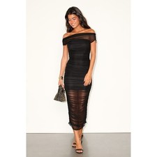 Lulus Sunama Black Mesh Ruched Bodycon Midi Dress Cocktail Party XS NWT picture