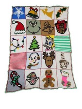Vintage OOAK Grinch & Christmas Character Squares 72x54 Crocheted Blanket Throw picture