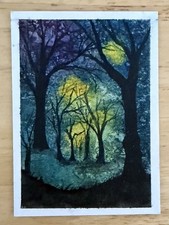 ACEO Original Watercolor Painting Nature Night Sky Dark Forest 2.5 X 3.5 picture