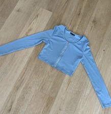 SHEIN Women’s Blue Solid Ribbed Cropped Zip Front Long Sleeve Top Size L picture
