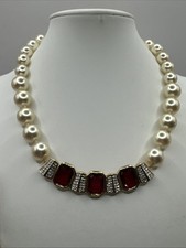 Vintage SAL Swarovski Costume Faux Pearl White Red Elegant Collar Necklace 16” picture