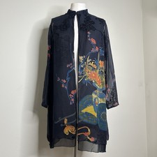 Citron Santa Monica Top Womens Large Silk Kimono Black Sheer Floral Art-to-Wear picture