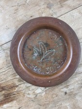 Vintage Hand Punched Copper Dish Engraved Frond Inscribed Folk Art Plate 12cm picture