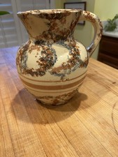 antique spongeware or sponged yellow ware water pitcher with a brown and blue... picture