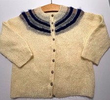 VTG 60s Cream Mohair Knit Cardigan Sweater Round Yoke Striped Fuzzy Shaggy  picture