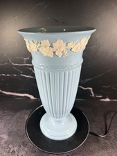 Wedgwood Embossed Queen’s Ware Blue Vase Grapevine Relief England APPROX 11” picture