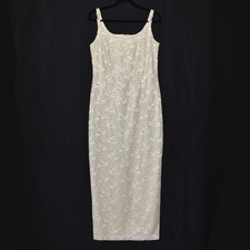 Betsy & Adam Vintage Lace Sequin Maxi Dress Cream Gold Pearl Straps Size 12 picture
