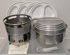 Vintage Svea 123 Camp Stove Set w/ Sigg Tourist Cook Pot, Pan, Handle & Plates picture