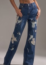 NWT AKIRA Embellished and pin Distressed Wide-Leg Jeans - Dark Blue size 2X picture