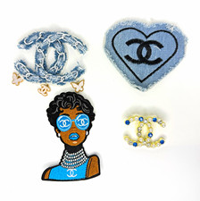 4pc Embroidered Logo Sew-On /Iron-on Patch/Brooch Set Denim Heart Girl Pearl picture