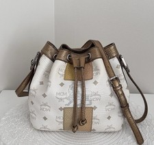 MCM White Limited Edition White Princess Lion Visetos Bucket Drawstring Bag SM picture