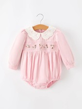 Fall Pink Smocked Baby Girl Bubble Romper Peter Pan Collar Floral Detail picture