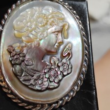 Vintage 925 Sterling Silver Carved Abalone Mother of Pearl Cameo Pendant Brooch  picture