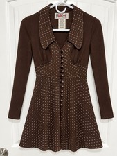 Vintage 70s Brandye California Brown Polka Dot Mini Dress Mod Long Sleeve picture