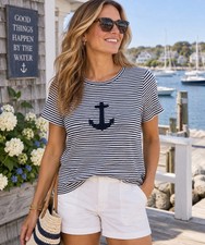 Talbots Women’s Large Navy White Striped Embroidered Anchor Nautical Coastal Top picture