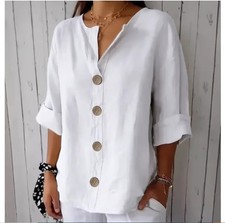 Women’s T Shirt Top V-neck Linen Button-Down T Shirt.classy Look T Shirt picture