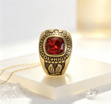 Vintage Eagle Mens Stainless Steel Ring Red CZ High School Biker Class Ring picture