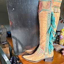 Donald J Pliner Signature Tall Western Fringe Boots Cork Look Turquoise Trim picture