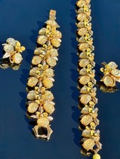 Vtg Signed FLORENZA Yellow Sugar Glass Flower Necklace Bracelet Earrings Parure picture