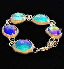Stunning VTG  925 Sterling Silver Dichroic Art Glass Cabochon Link Bracelet picture
