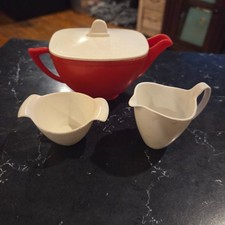 Vintage J Chein Co Red Plastic Toy Tea Pot & Cream & Sugar Set of 3 USA picture