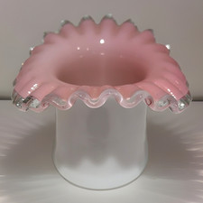 Vtg Fenton Pink Cased Silver Crest Crimped Milk Glass White Exterior Vase 3.75 picture