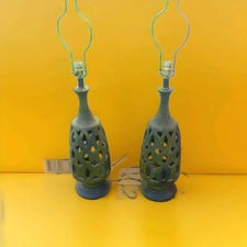 Vintage MCM Brutalist Fat Lava Pierced Ceramic Table Lamps Olive Green Pair picture