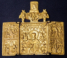 19th C Russian Orthodox Bronze Folding Travel Icon St Nicholas Triptych picture