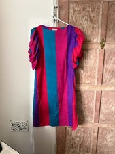 Vintage 80s Hillary Hills USA Jewel Tone Color Block Puff Sleeve Dress picture