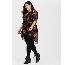 Torrid Lexie Black Colorful Floral Sheer Chiffon Hi Low Button Tunic Size 2X picture