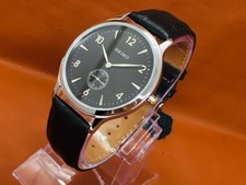 Vintage Seiko Quartz Round Sub Second Black Dial Black Leather Band Wrist Watch picture