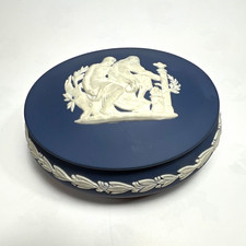 Vintage Wedgwood Dark Cobalt Blue Jasperware Round Lidded Trinket Box MIE picture