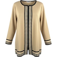 Misook Knit Jacket Sz XL Tan Black Geometric Grid Zip Up Cardigan Professional picture