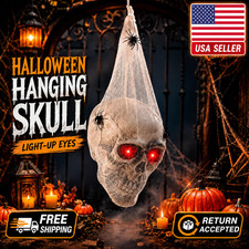 Halloween Hanging Skull with Glowing Eyes and Spider Web Scary Decoration USA picture