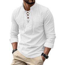 Men's Vintage Cotton Linen V-Neck Shirt Pirate Medieval Viking Renaissance Top picture