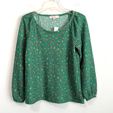 LOFT Ditsy Floral Top Shirt S Green Textured Long Sleeve Summer Spring NEW picture