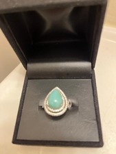 14X10MM Pear Shape Cabochon Larimar with 1.45 CTW White Zircon Ring picture