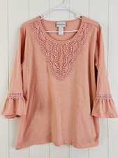 Alfred Dunner Soft Coral Pink Embroidered Bell Sleeve Boho Blouse Cottagecore XL picture