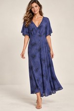 Vtg 90s Blue Rayon Maxi Dress ~M~Bias Cut Deep V Fitted Bodice Grunge WhimsiGoth picture