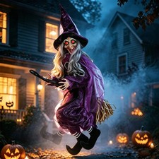 4 FT Flying Witch Halloween Decorations, Animated Hanging Witch on Broom Prop picture