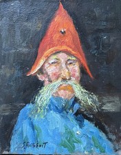 SAMUEL ROTHBORT Original Signed Vintage Oil Painting Self Portrait Red Hat picture