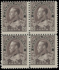1912 CANADA-KING GEORGE V ADMIRAL 10C PLUM BLOCK OF 4, RARE MULTIPLE, NH, U.#116 picture