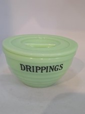RARE Vintage Uranium Jadeite Glass DRIPPINGS Bowl w/ Lid UV Reactive Green Glow picture