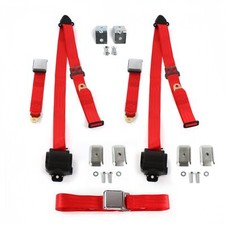 VW Type 1 1958 - 1967 Airplane 3pt Red Retractable Bench Seat Belt Kit w/ Bracke picture
