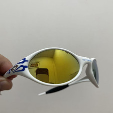 Retro Oakley Eye Jacket Blue Fire Sunglasses White Frames Gold Lenses Y2K picture