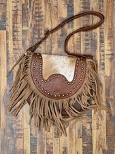Genuine Cowhide Leather Fringe Studded Western Crossbody Bag picture