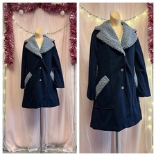 Vintage 60s 70s Princess Coat Jacket Navy Blue Faux Sherpa Mod Retro M/L picture