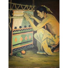 Antique vintage Native American weaver oil PAINTING hand painted 1930s portrait picture