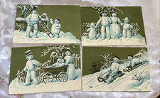 4 Antique German Embossed Postcards Snowman Children family Winter Scene picture